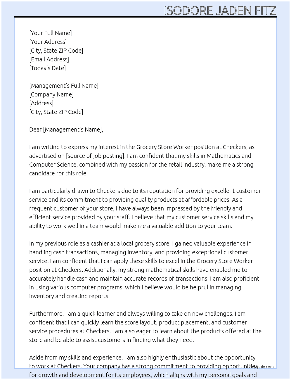 groccery store worker At Checkers Cover Letter