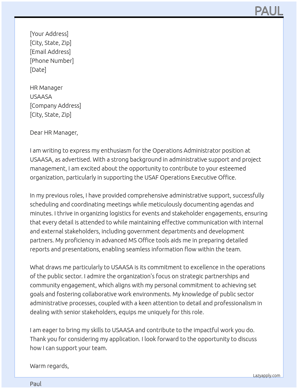 Operations Administrator At USAASA Cover Letter