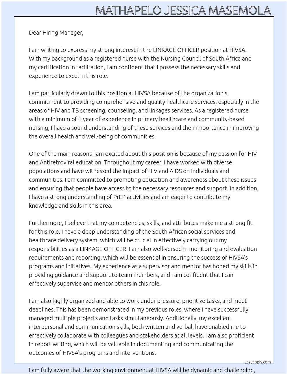 LINKAGE OFFICER At HIVSA Cover Letter
