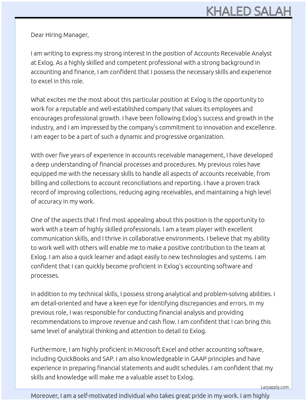 Accounts Receivable Analyst At Exlog Cover Letter