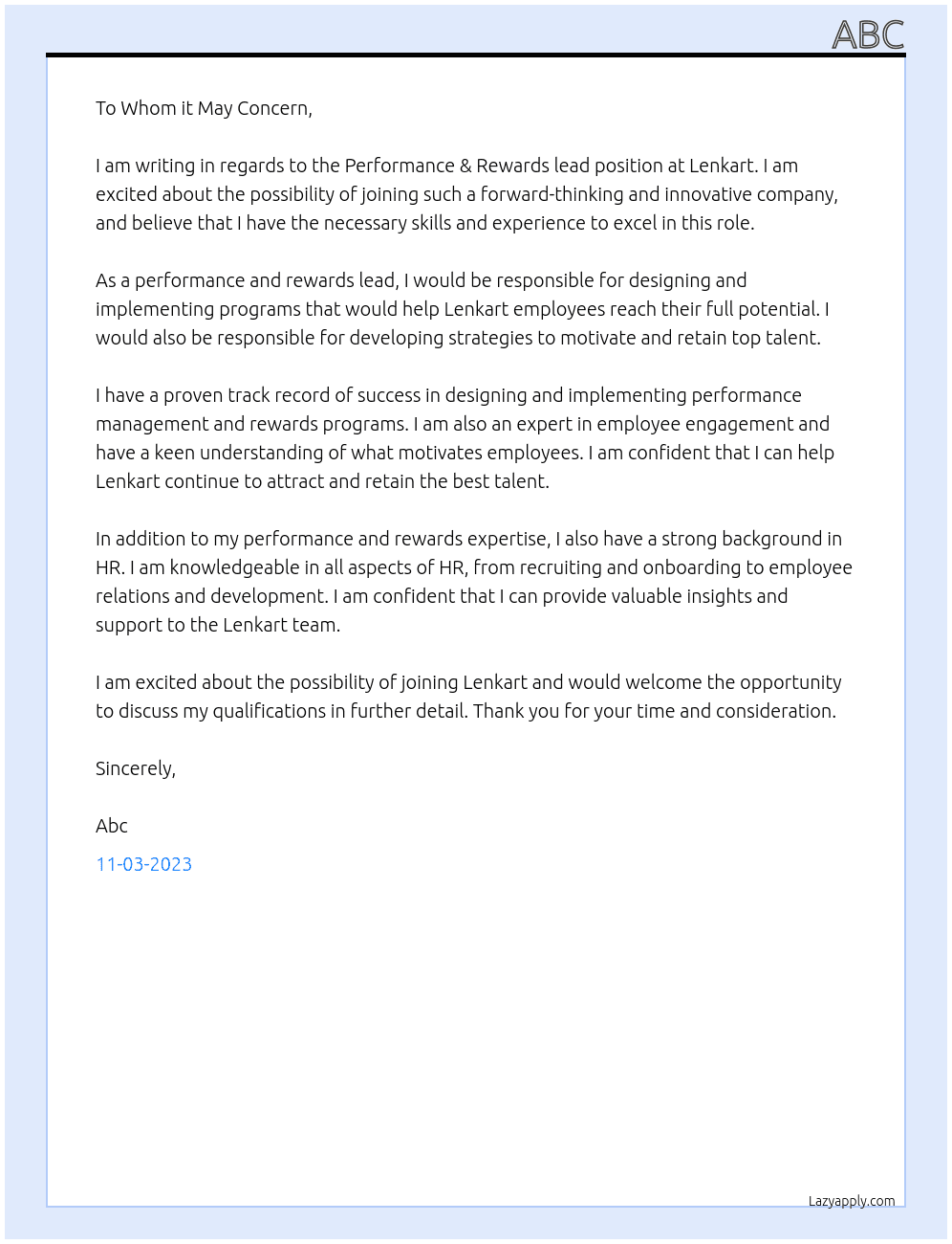 Performance & Rewards lead At Lenkart Cover Letter