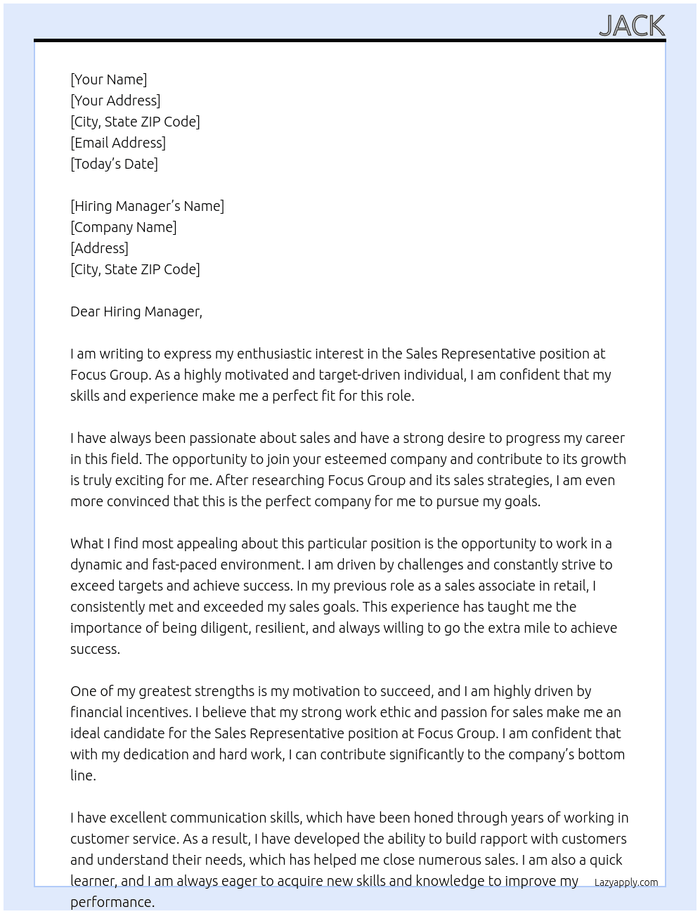 Sales representitive  At focus group Cover Letter