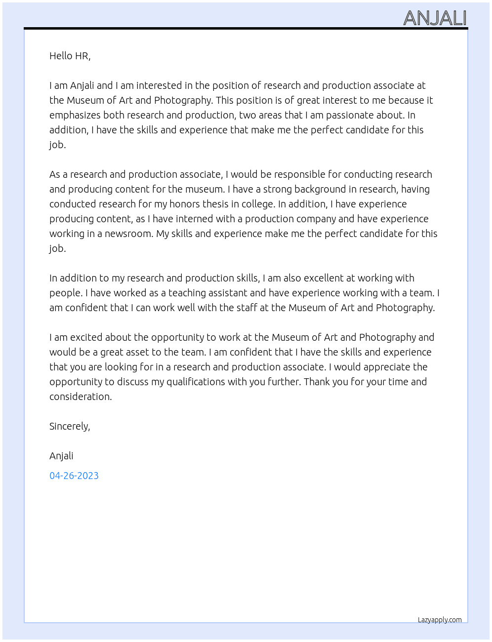 Research and production associate At Museum of art and photography  Cover Letter