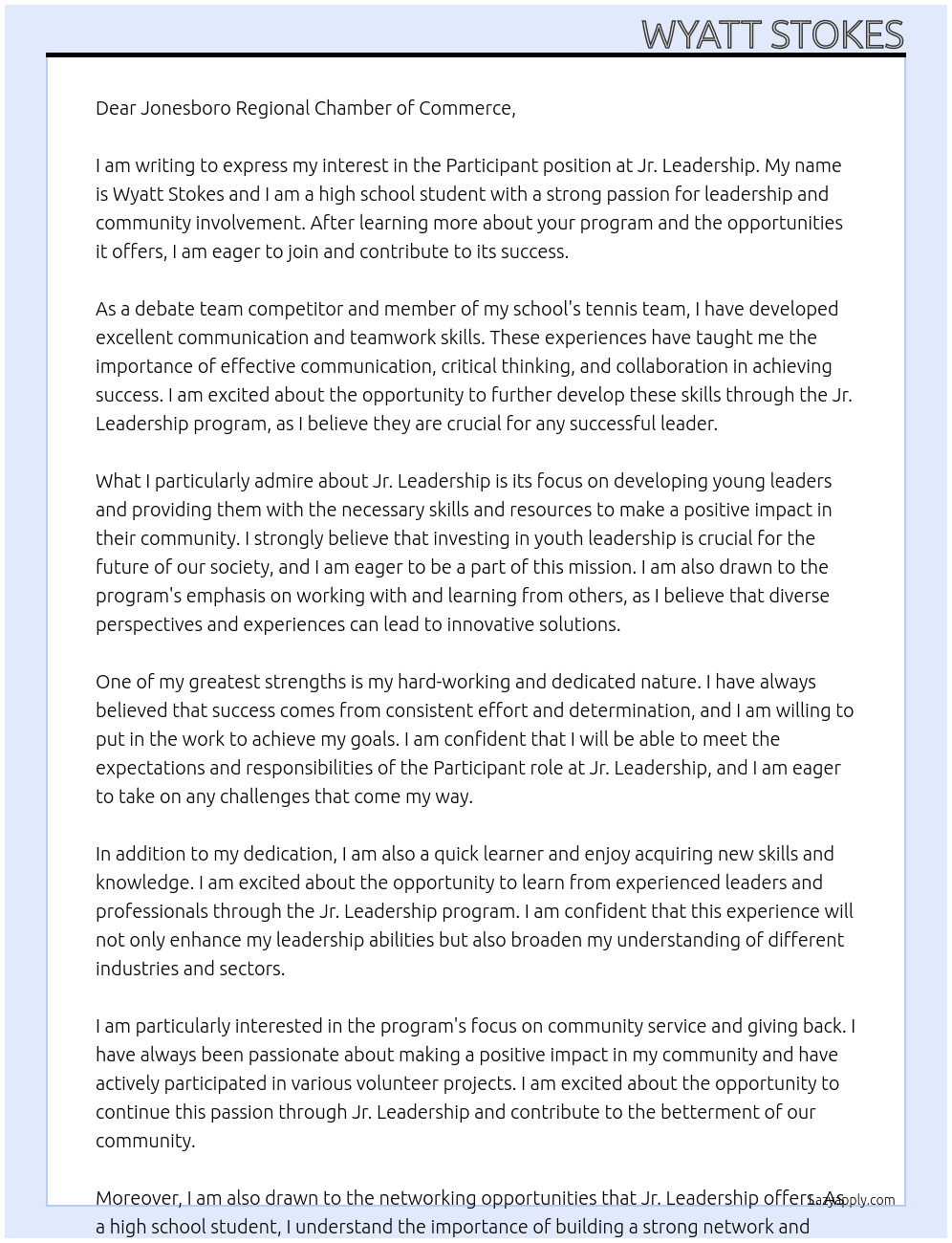 Participant At Jr. Leadership Cover Letter