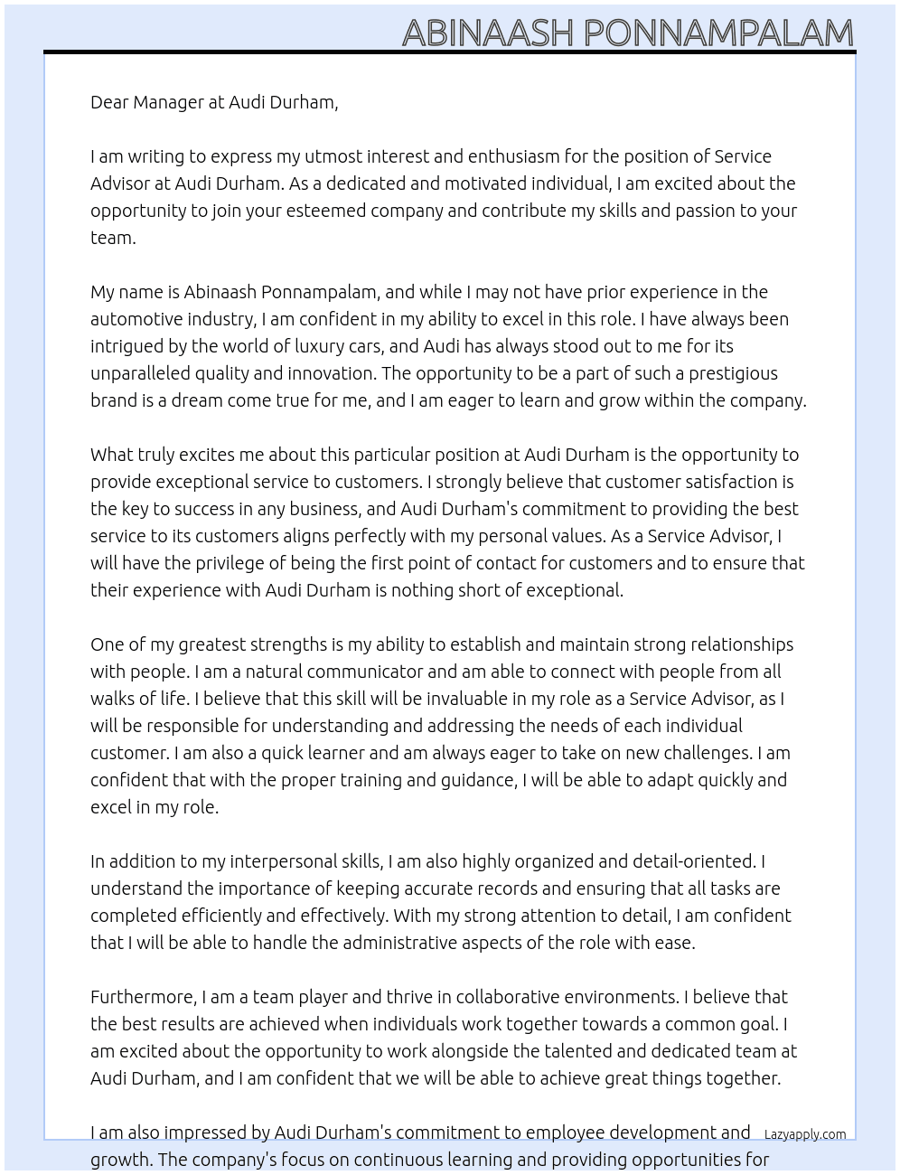 Service Advisor with No Experience  At Audi Durham  Cover Letter