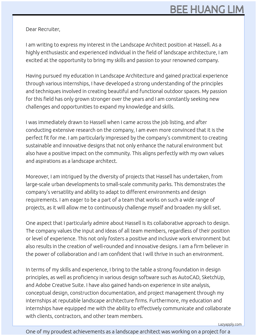 Landscape Architect At Hassell Cover Letter