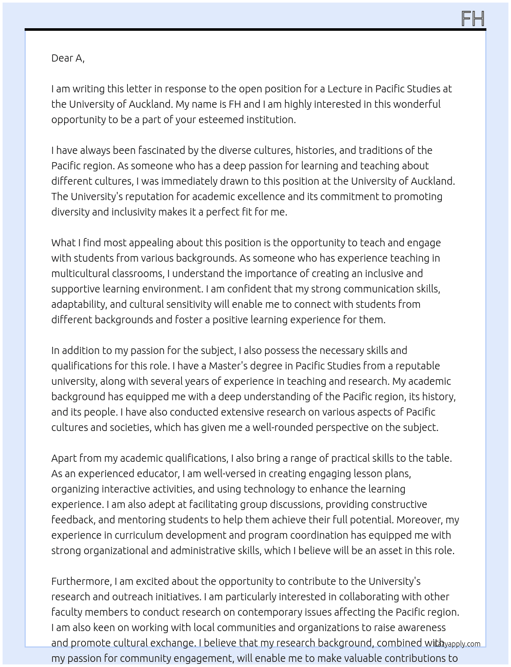 Lecture in Pacific Studies At University of Auckland Cover Letter