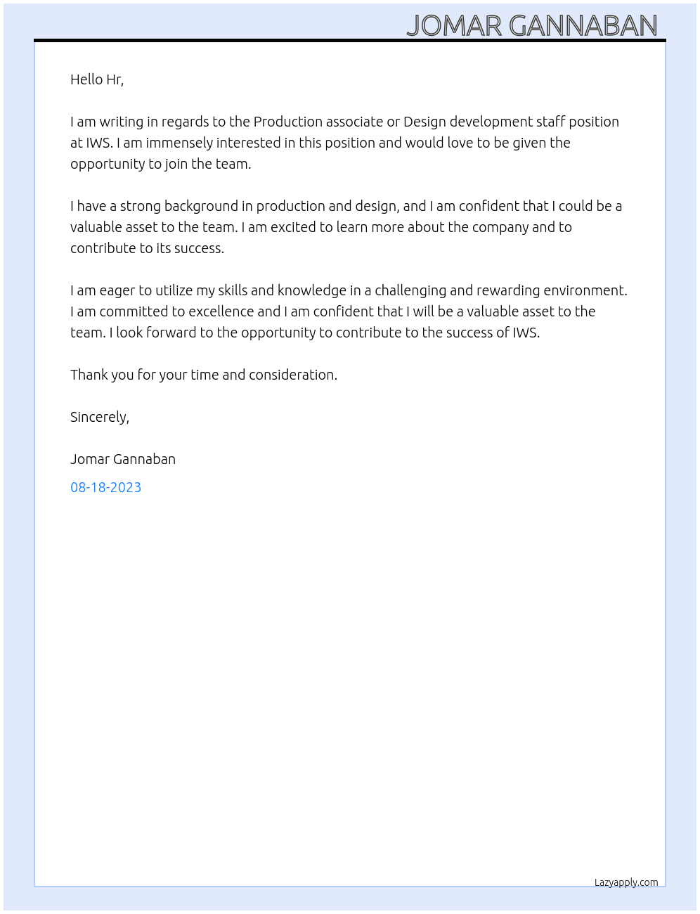 Production assiciate or Desihn development staff At IWS Cover Letter