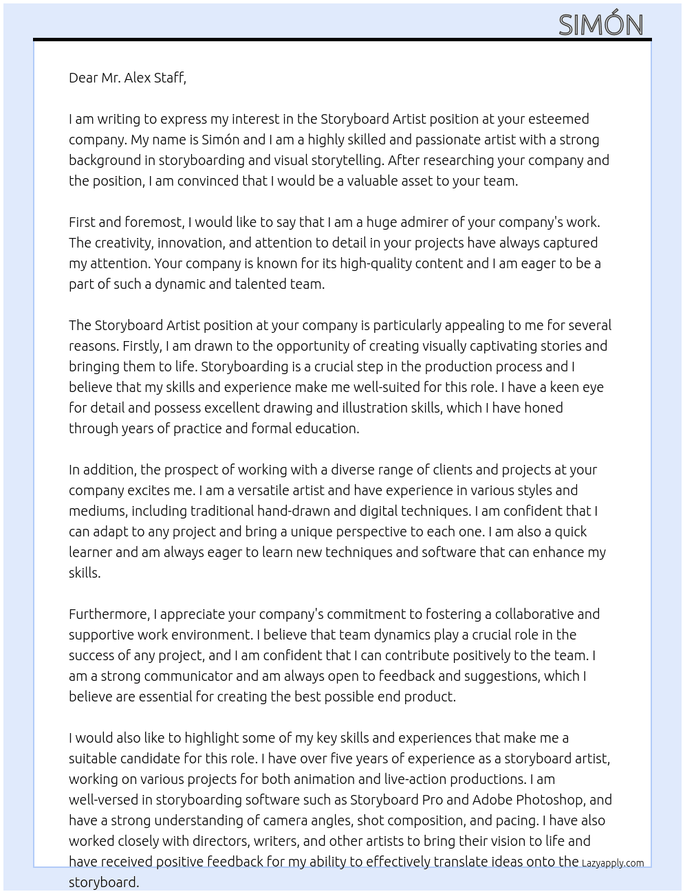 Storyboard Artist At Alex Staff Cover Letter