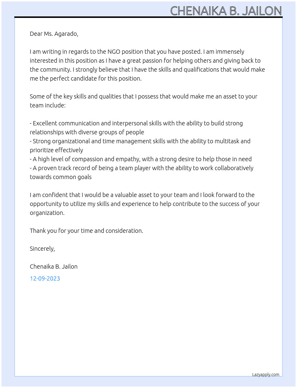 NGO At Local Government Unit  Cover Letter