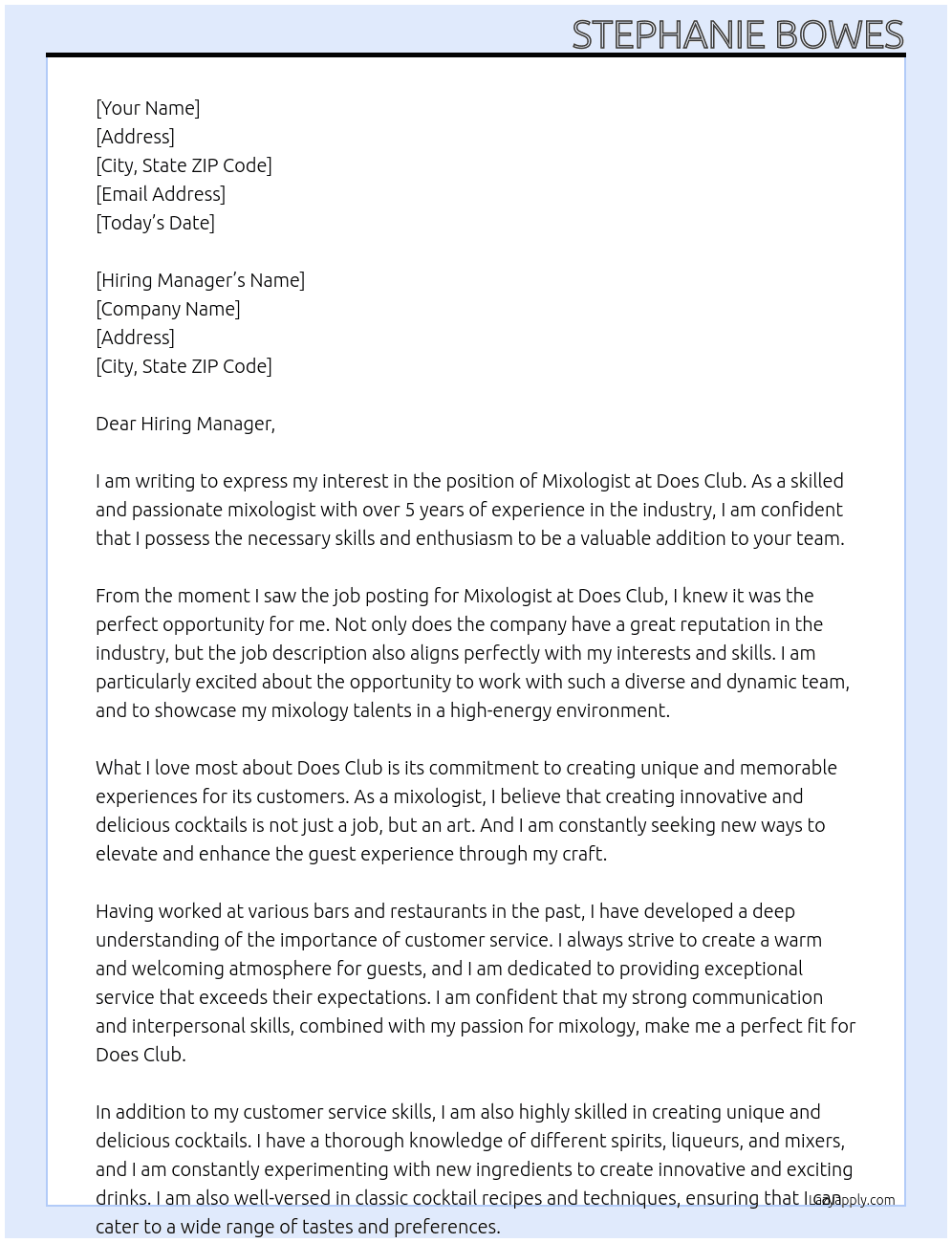 Mixologist  At Does Club Cover Letter