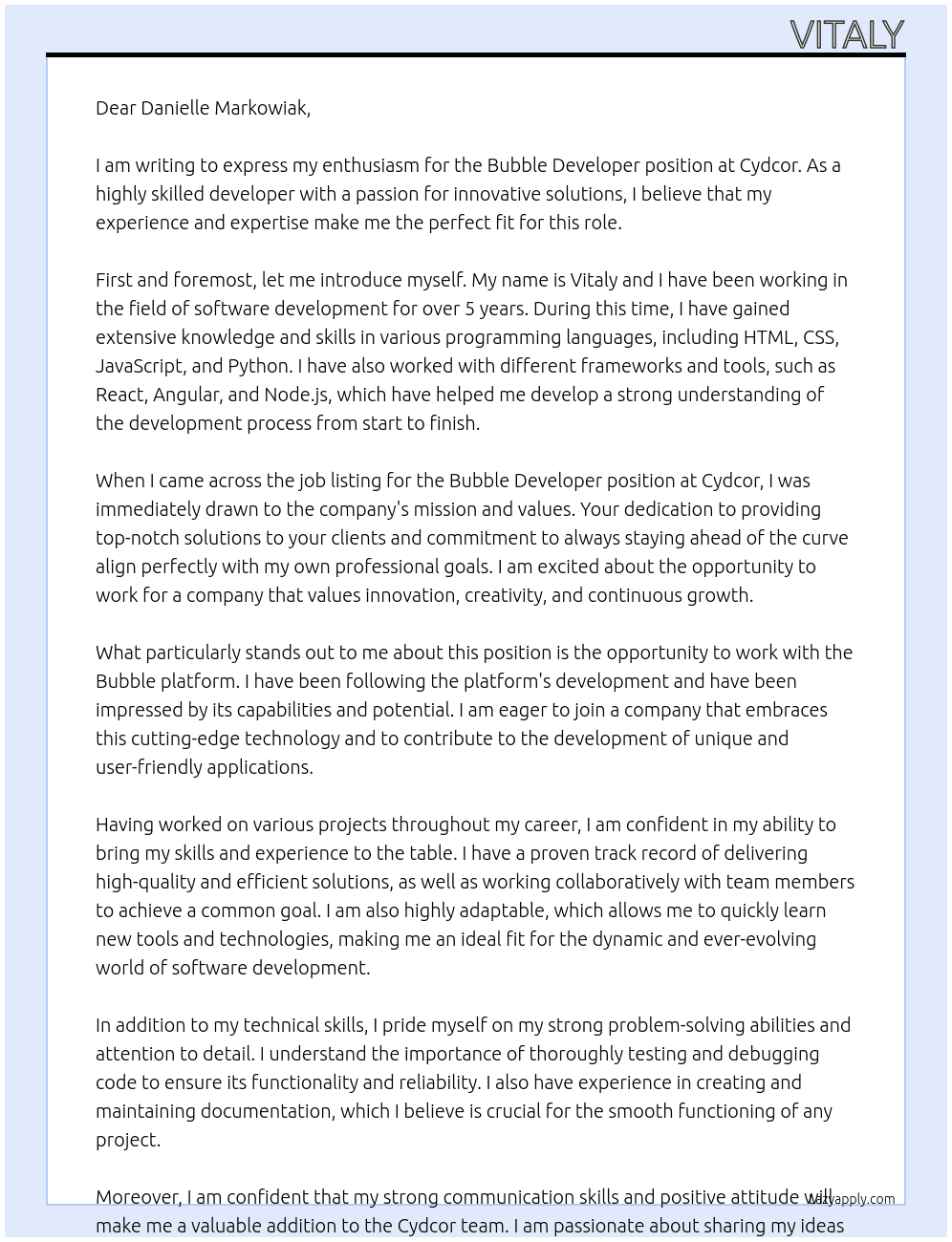 Bubble Developer At Cydcor Cover Letter