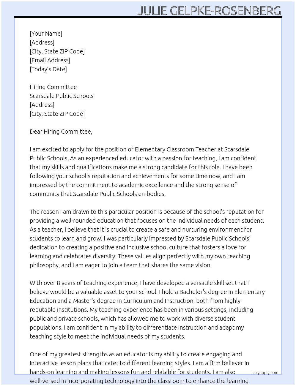 Elementary Classroom Teacher At Scarsdale Public Schools Cover Letter