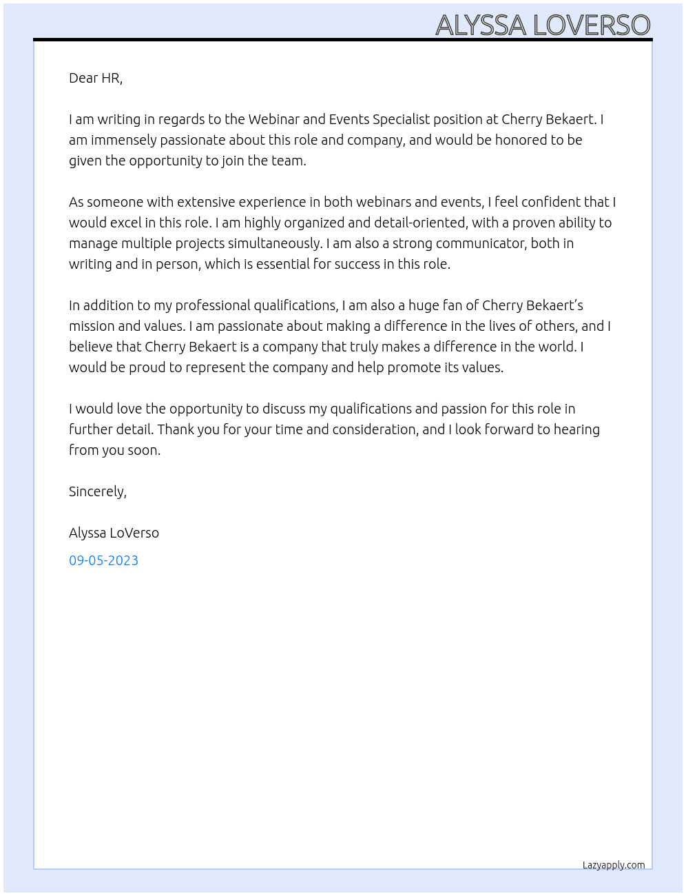 Webinar and Events Specialist At Cherry Bekaert Cover Letter
