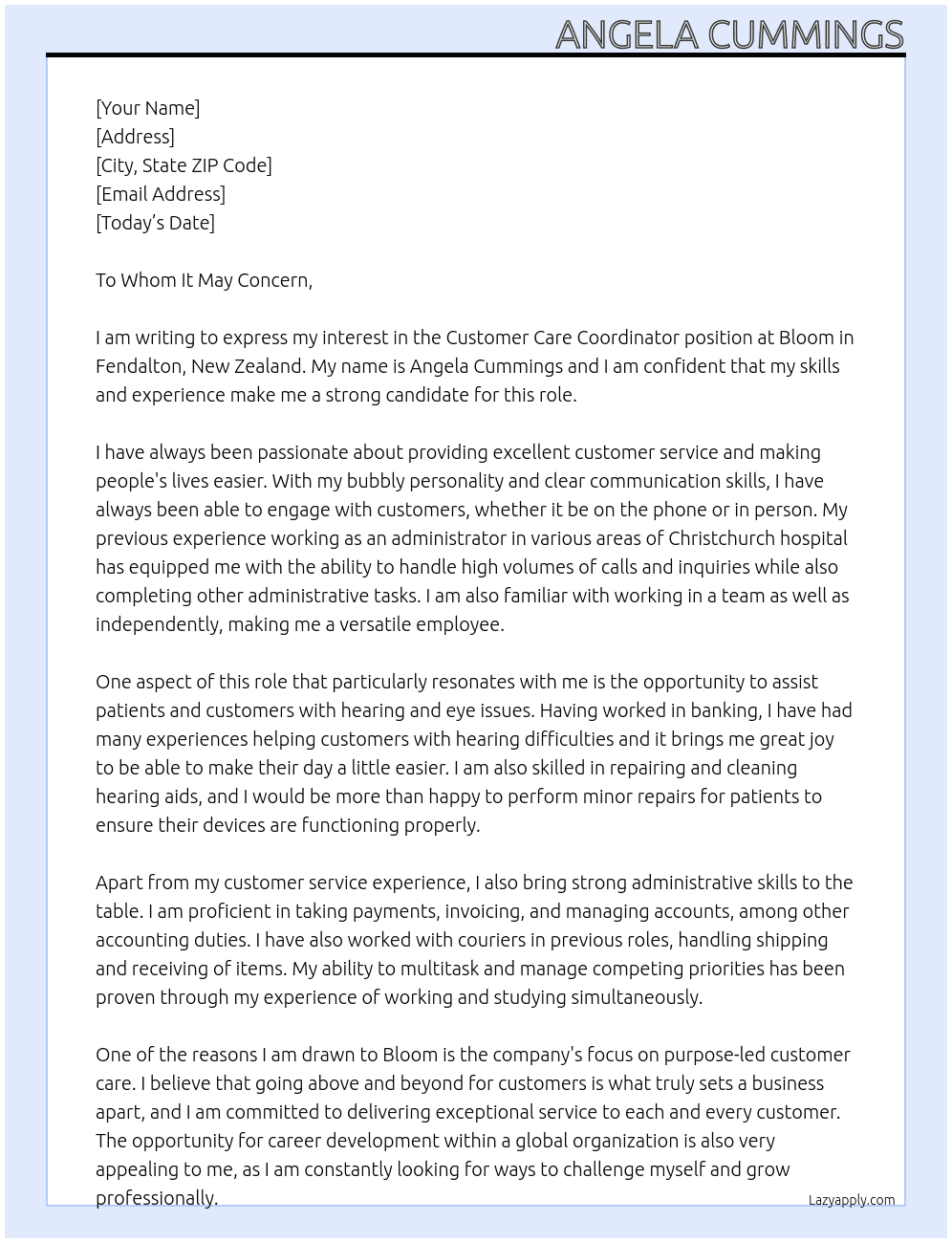 Customer Care Coordinator | Fendalton (NZ) At Bloom Cover Letter