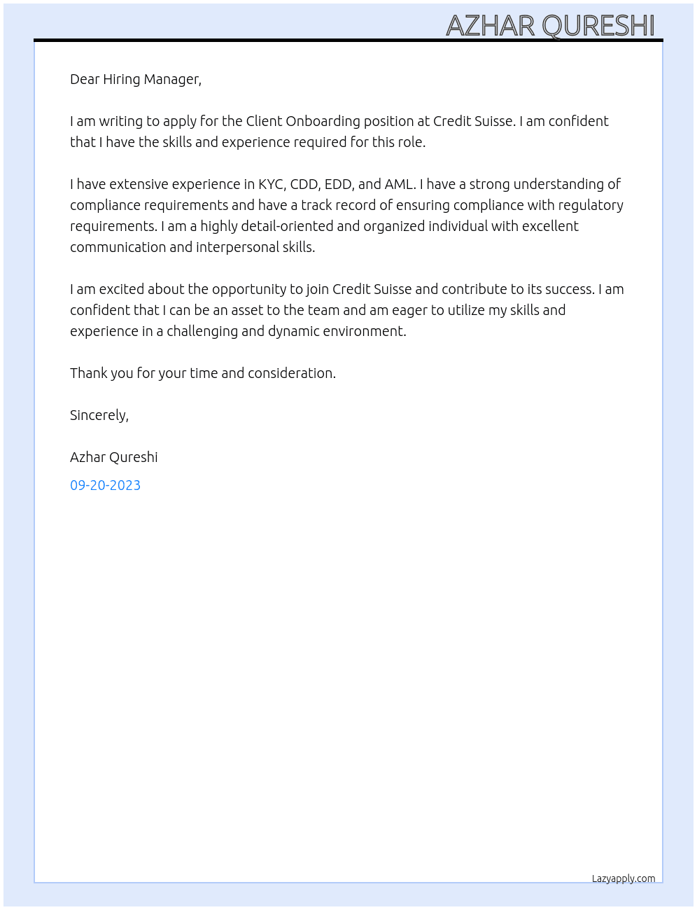 Client Onboarding  At Credit Suisse Cover Letter