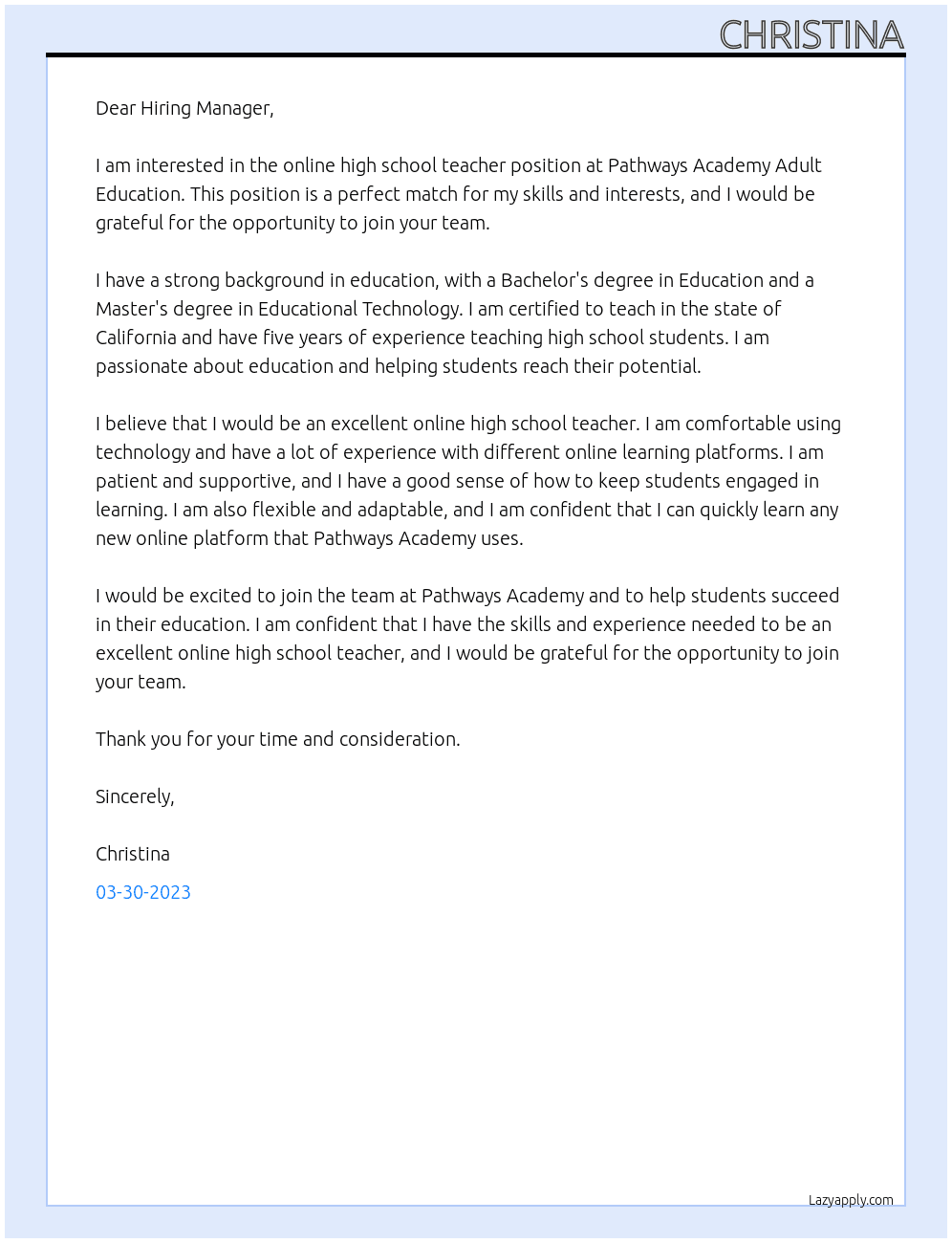 Online High School Teacher  At Pathways Academy Adult Education  Cover Letter