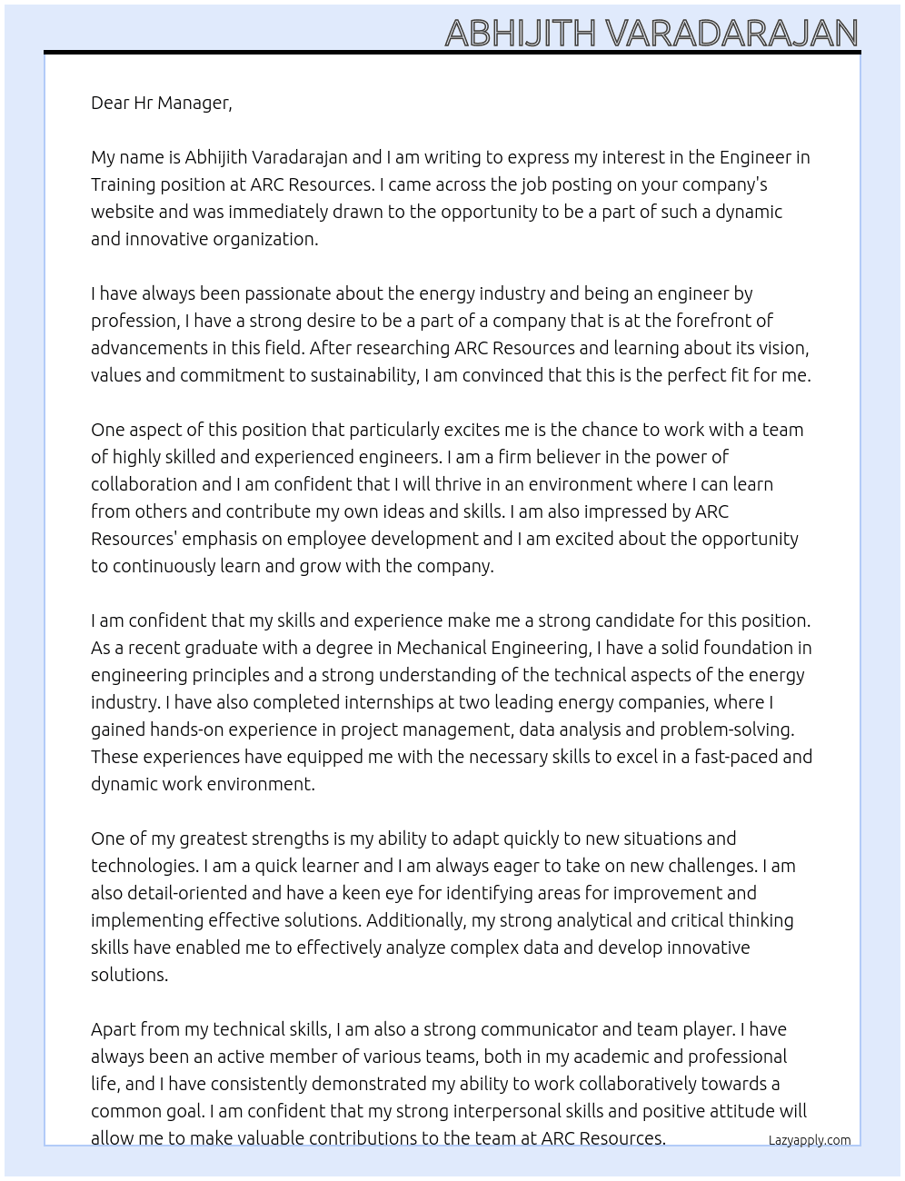 Engineer in Training At ARC Resources Cover Letter