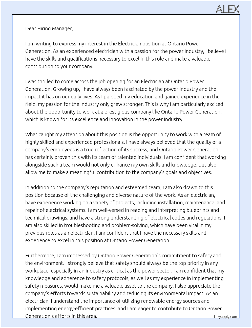 Electrician  At Ontario Power Generation  Cover Letter