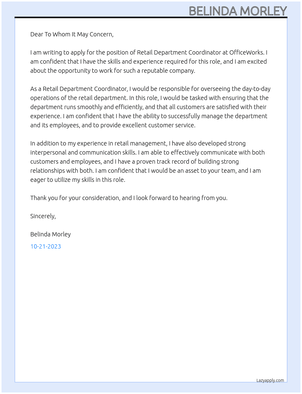Retail Department Co ordinator At OfficeWorks Cover Letter