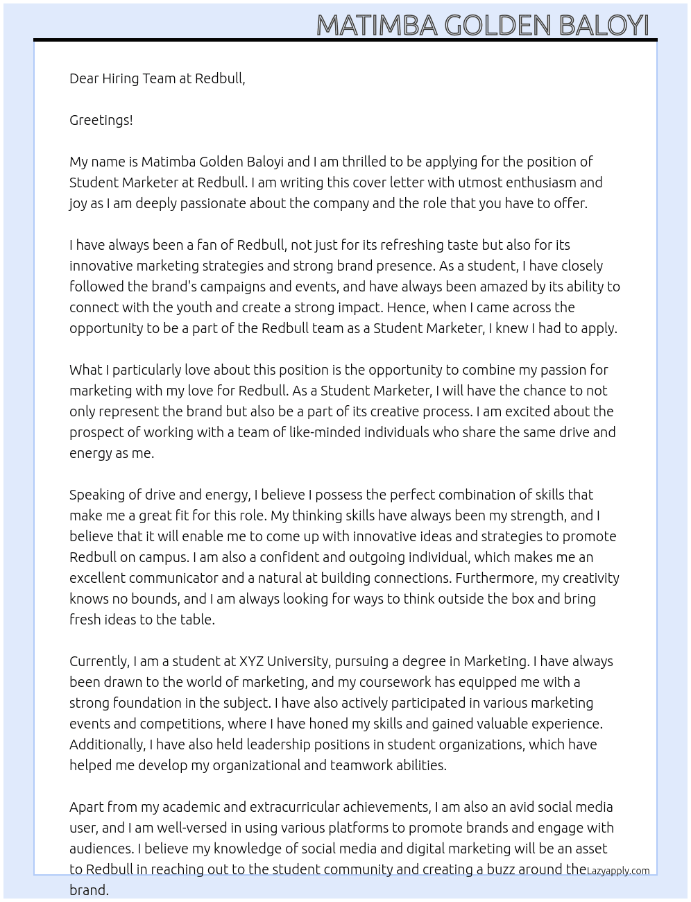 Student marketer  At Redbull  Cover Letter