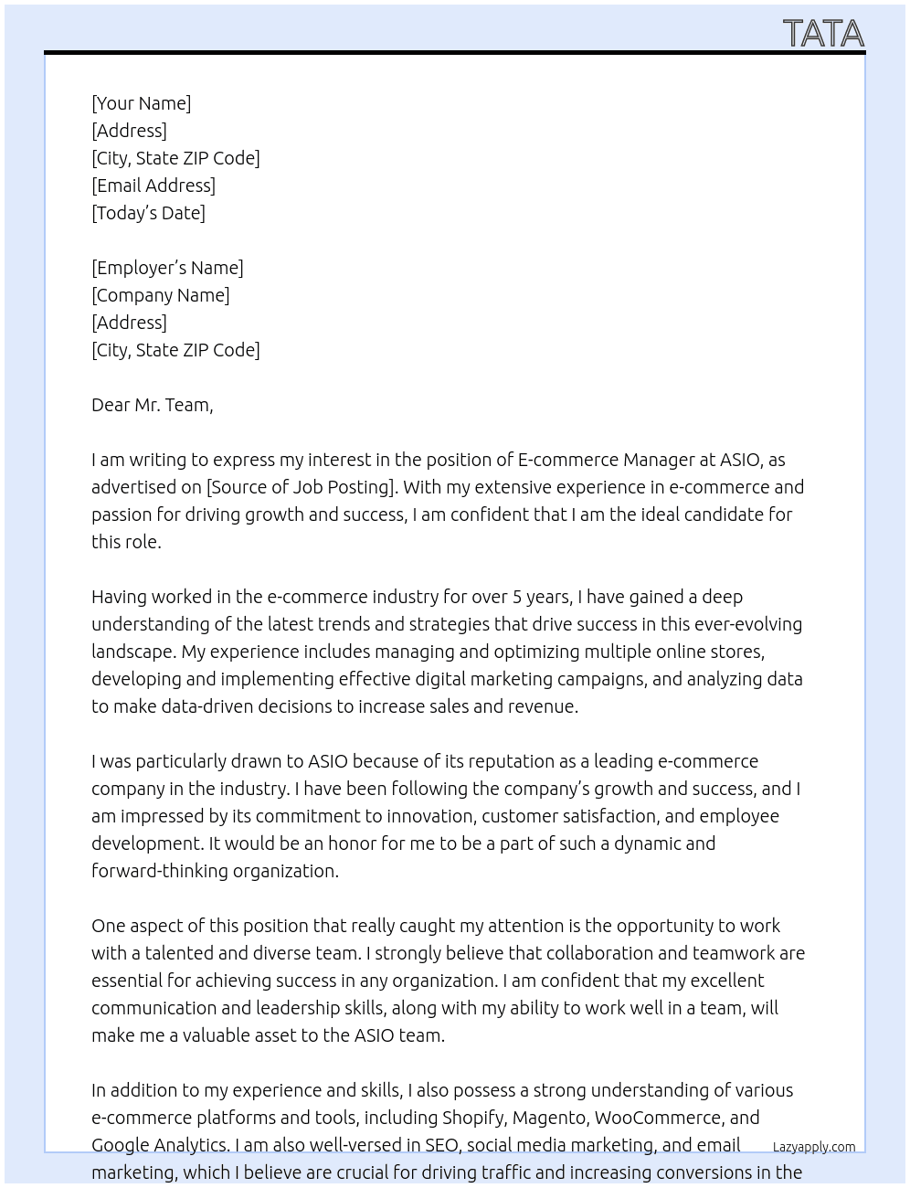 E-commerce manager At ASIO Cover Letter