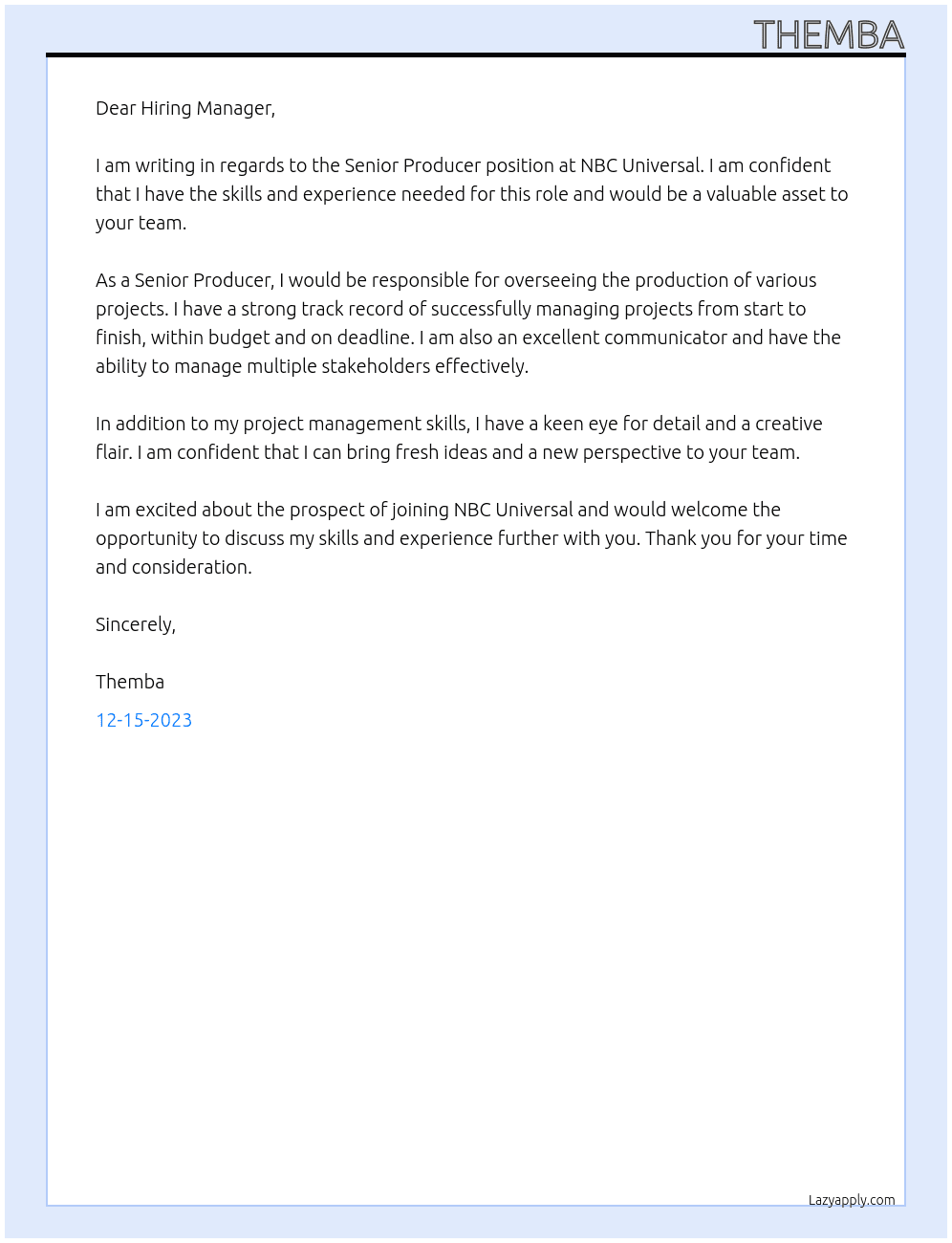 Senior Producer At NBC Universal Cover Letter
