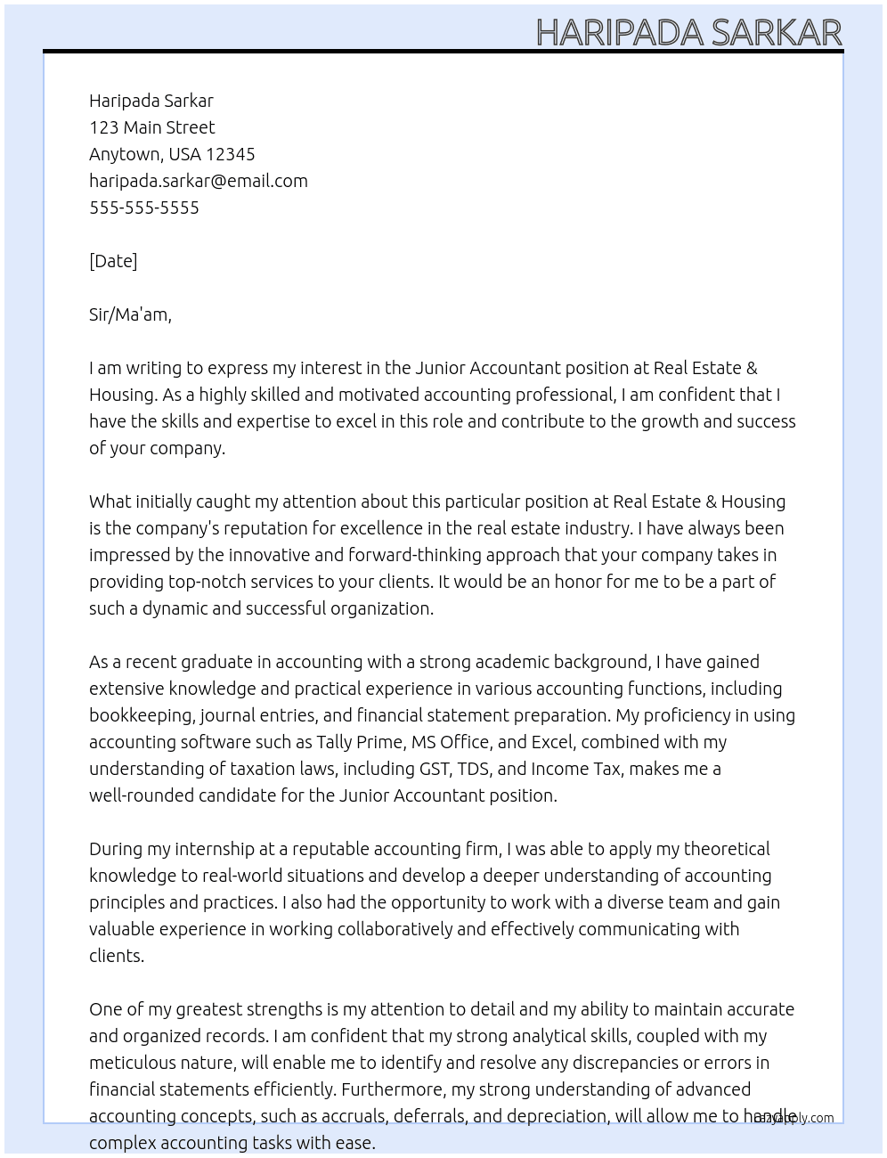 Junior Accountant  At Real Estate & Housing Cover Letter