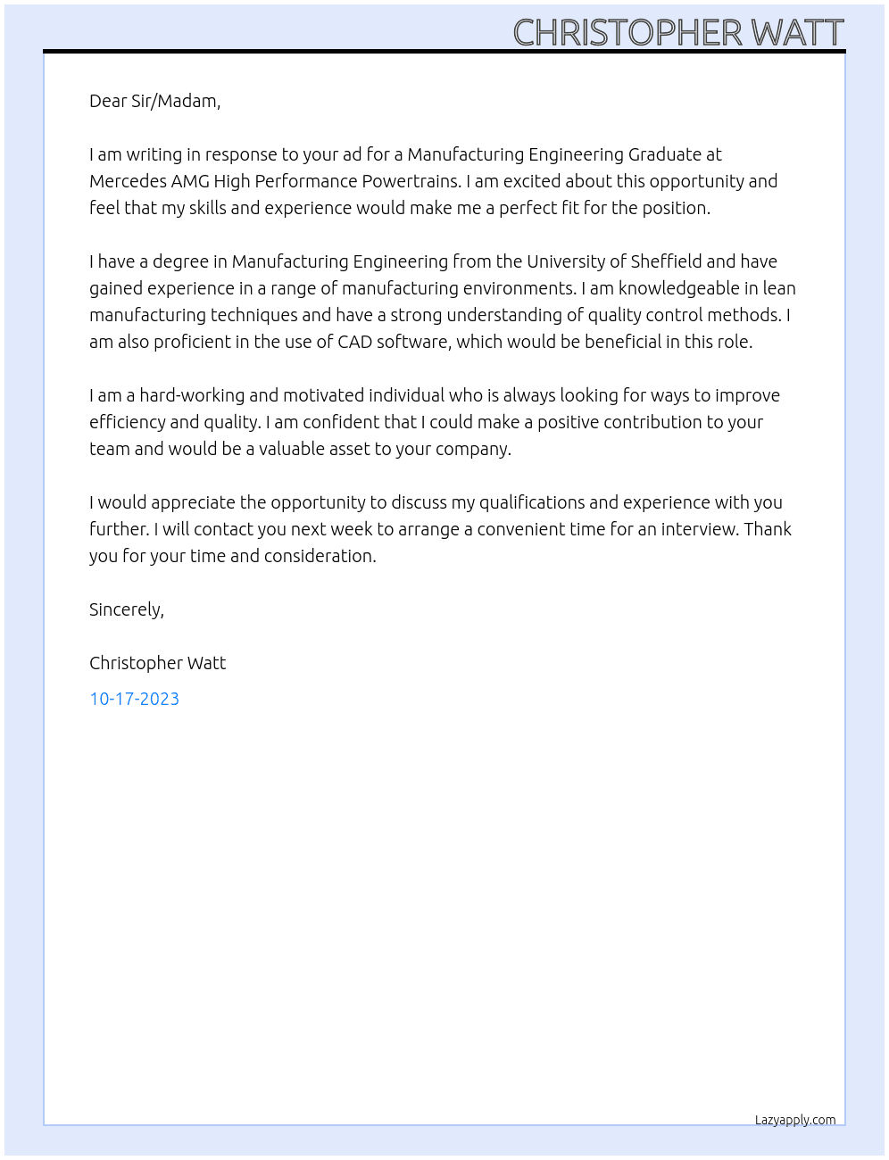 Manufacturing Engineering Graduate At Mercedes AMG High Performance Powertrains Cover Letter