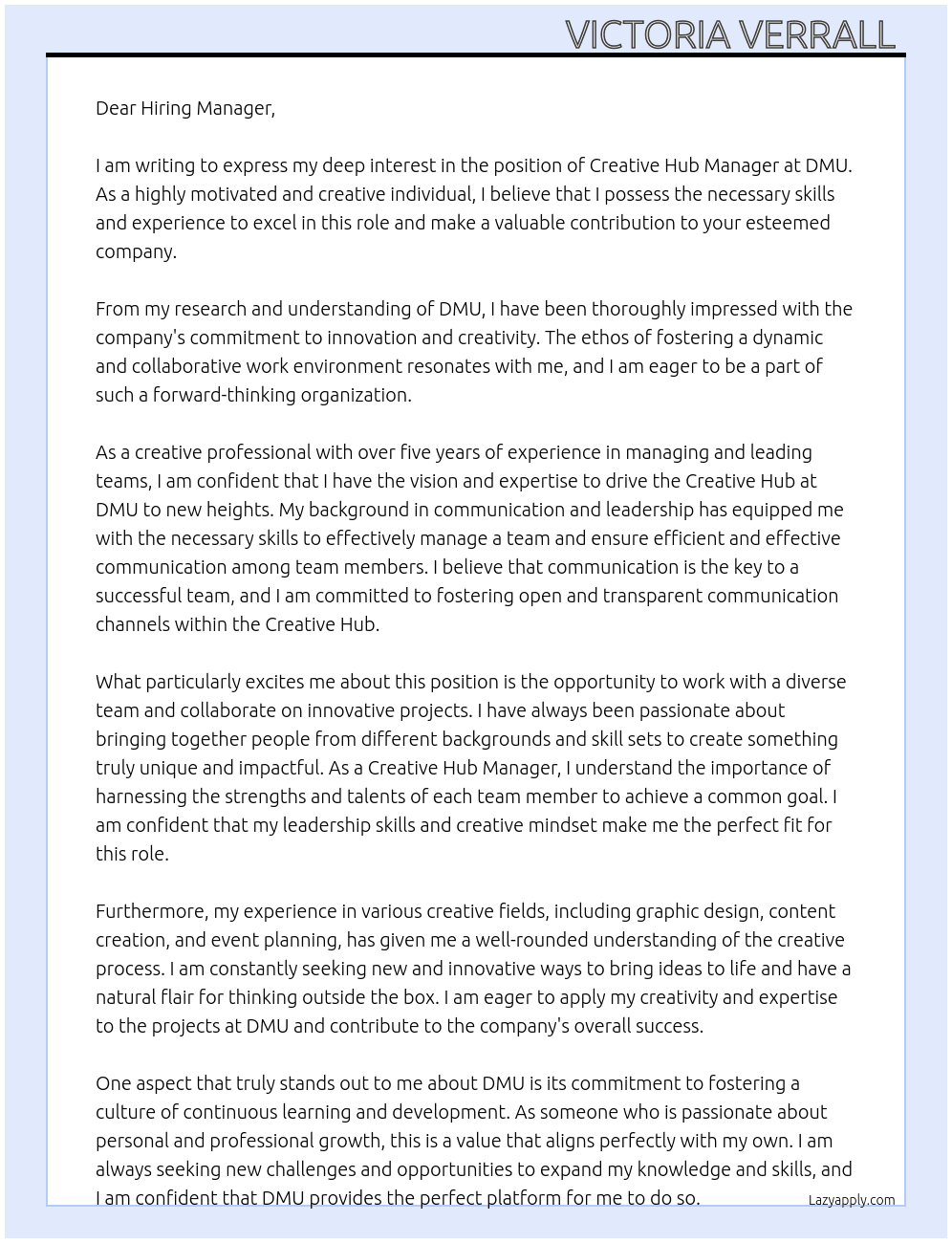 Creative Hub Manager  At DMU Cover Letter