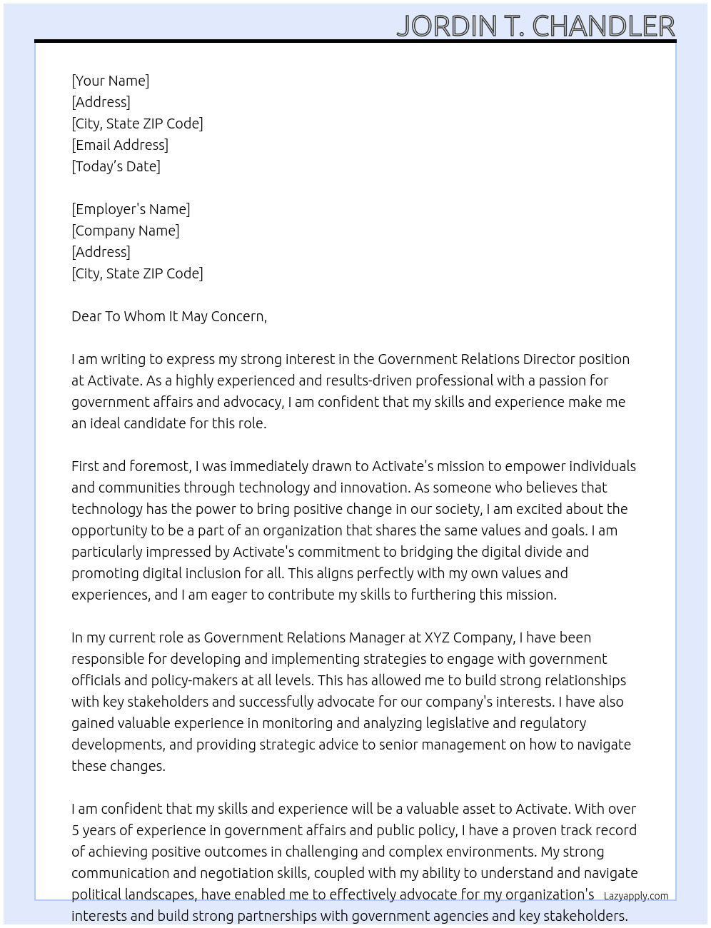 Government Relations Director At Activate Cover Letter