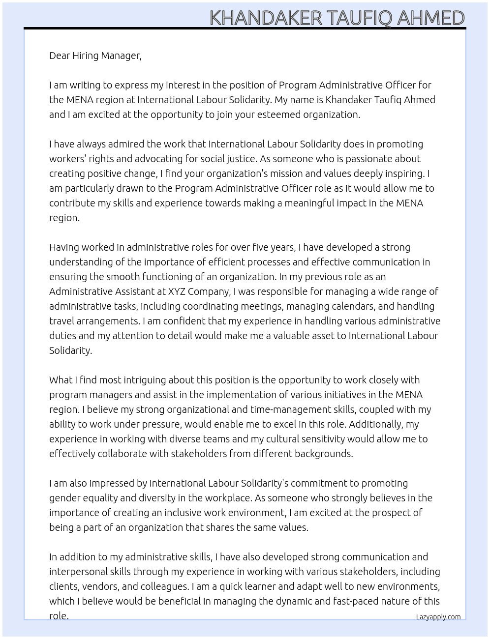 Cover letter for program administrative officer, mena - LazyApply