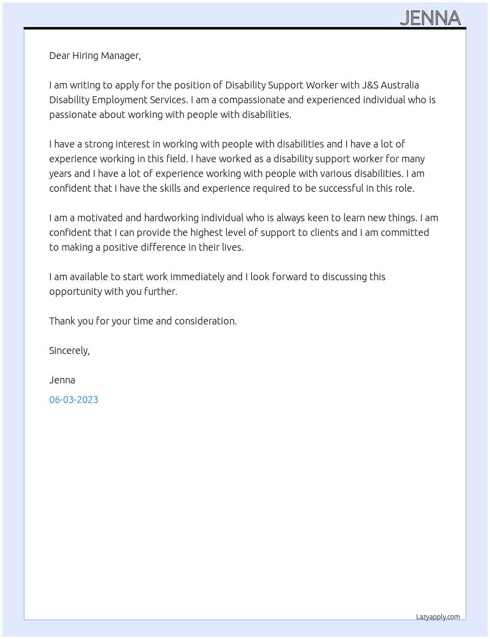 Disability Support Worker At J&S Australia Disability Employment Services Cover Letter