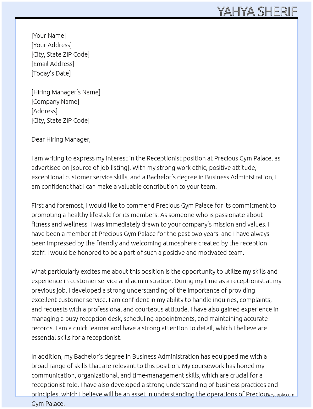 Receptionist At Precious Gym Palace Cover Letter