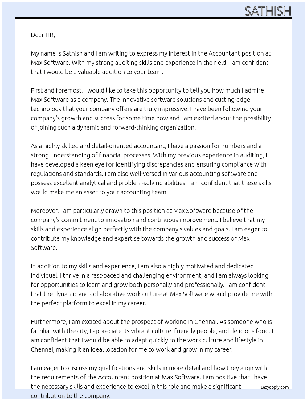 Accountant  At Max software  Cover Letter