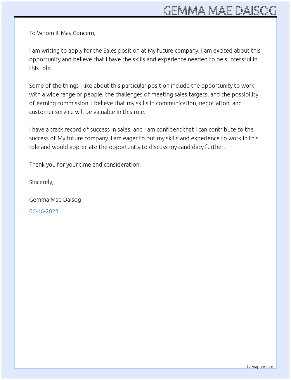 Sales At My future company Cover Letter