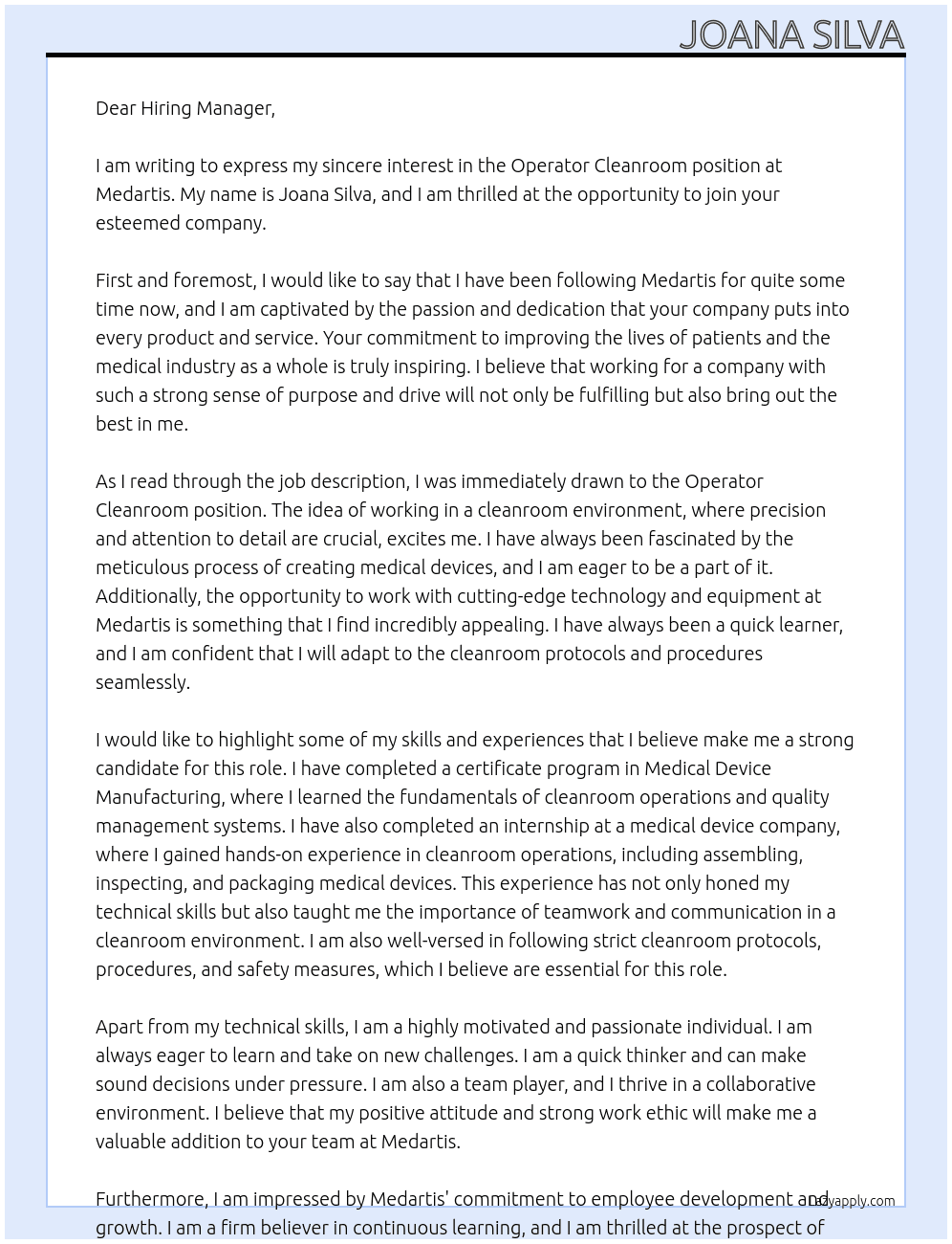Operator Cleanroom At Medartis Cover Letter