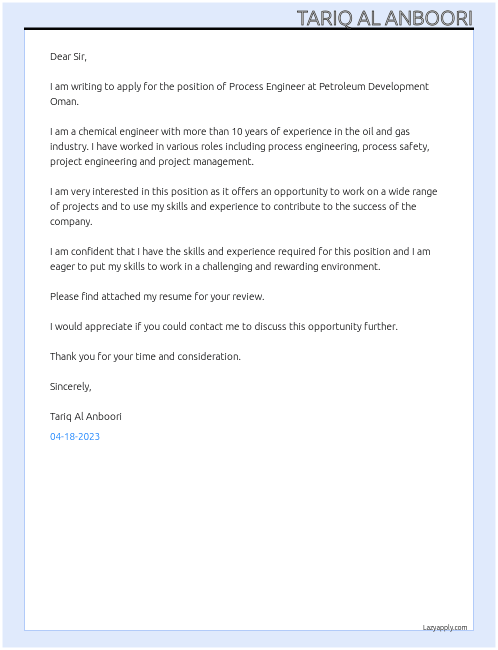 Process Engineer At Petroleum Development Oman Cover Letter