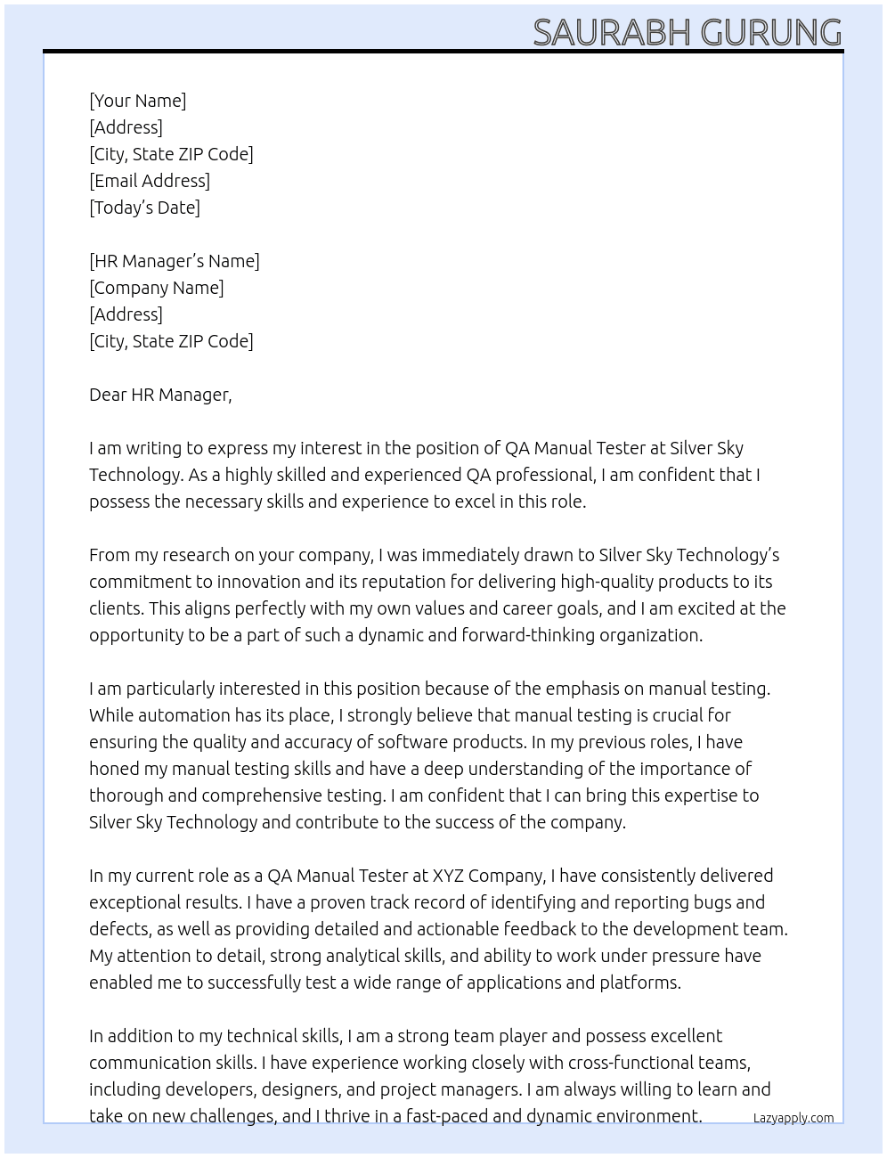 QA Manual Tester At Silver Sky Technology Cover Letter