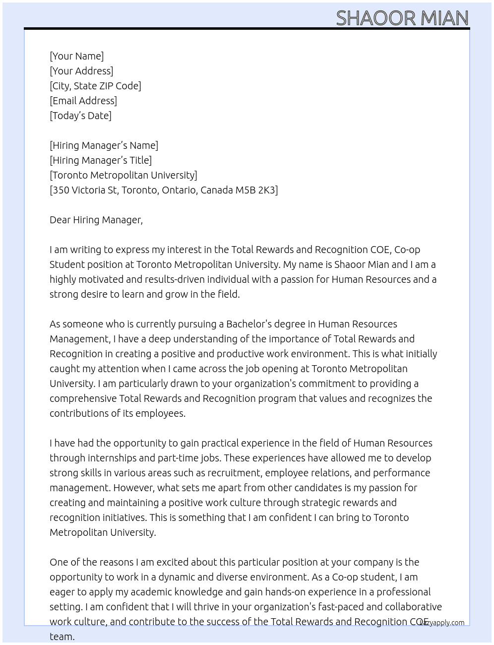 Total Rewards and Recognition COE, Co-op Student At Toronto Metropolitan University  Cover Letter