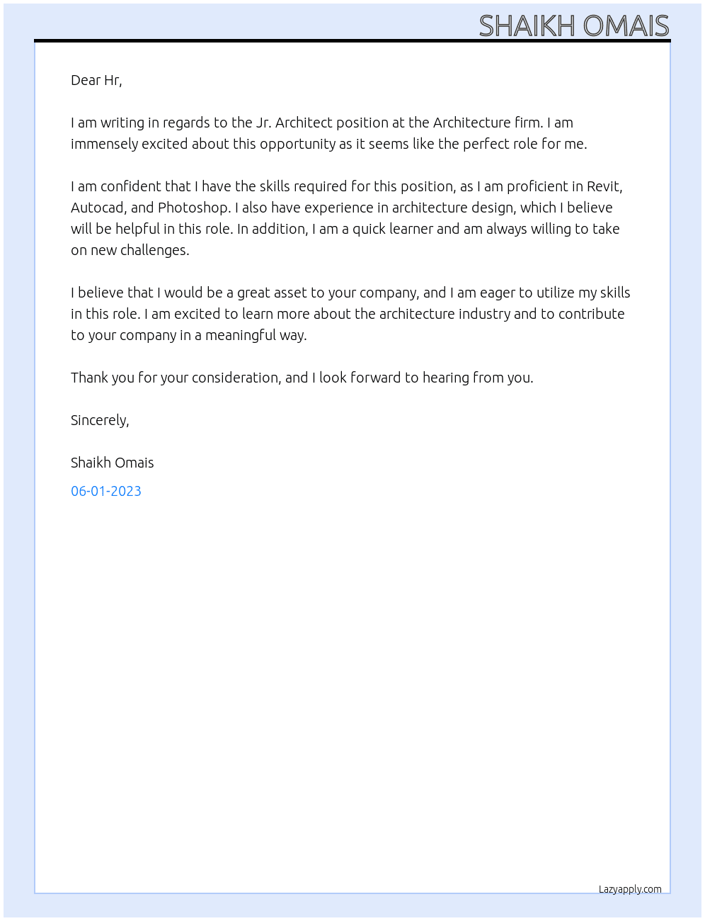 Jr. Architect  At Architecture firm Cover Letter