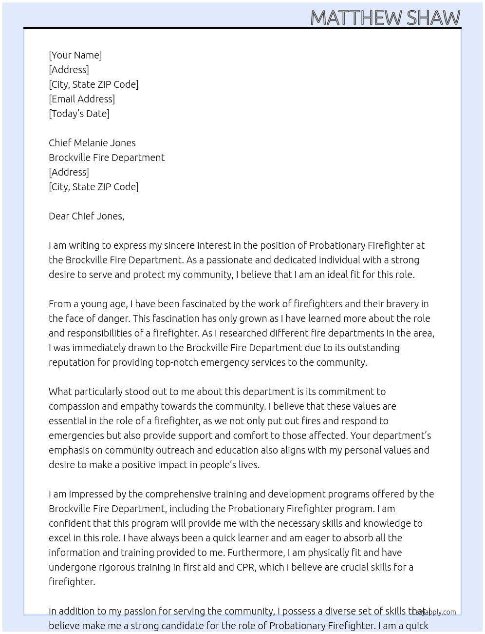 Probationary Firefighter At Brockville Fire Department Cover Letter