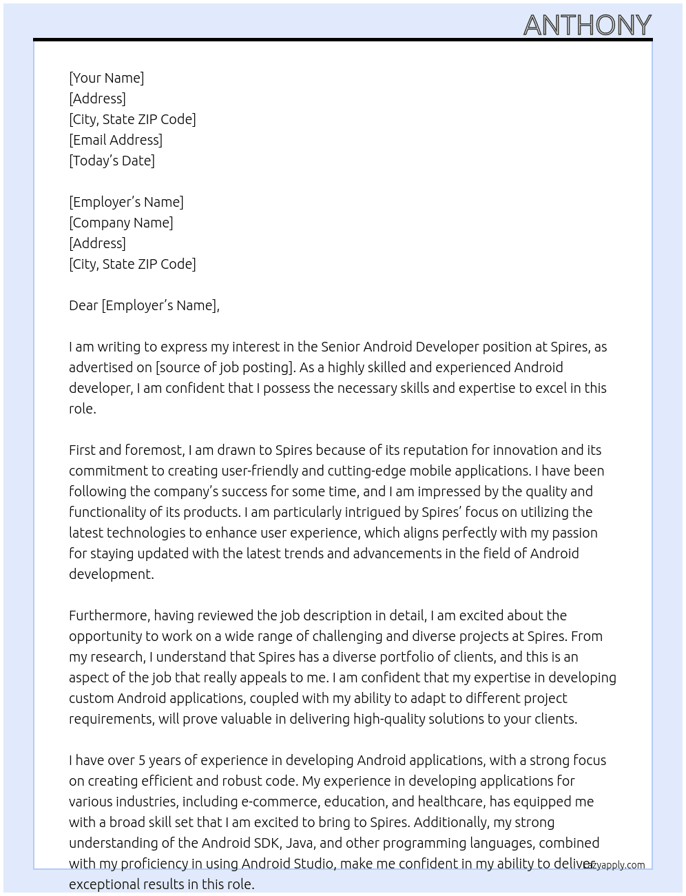 Senior Android developer At Spires Cover Letter