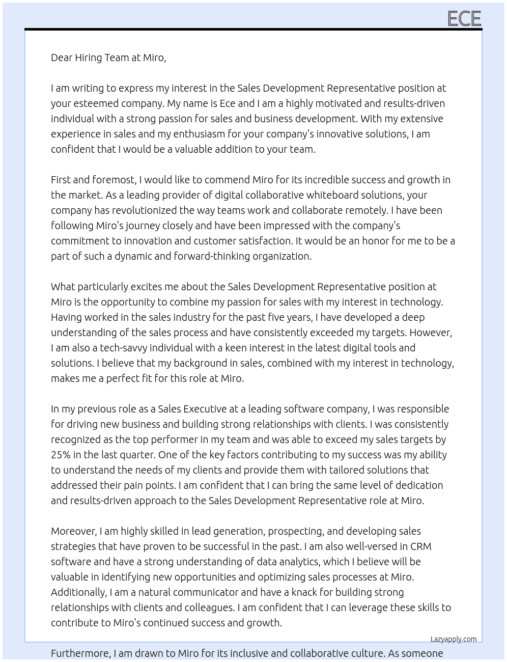 Sales Development Representative At Miro Cover Letter