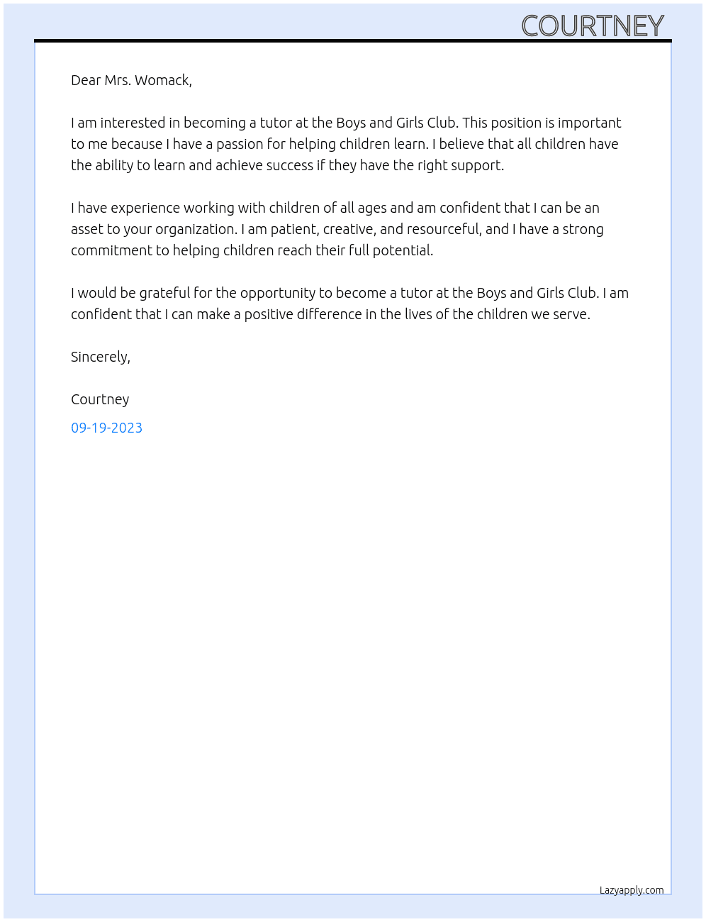 Tutor At Boys and Girls Club Cover Letter