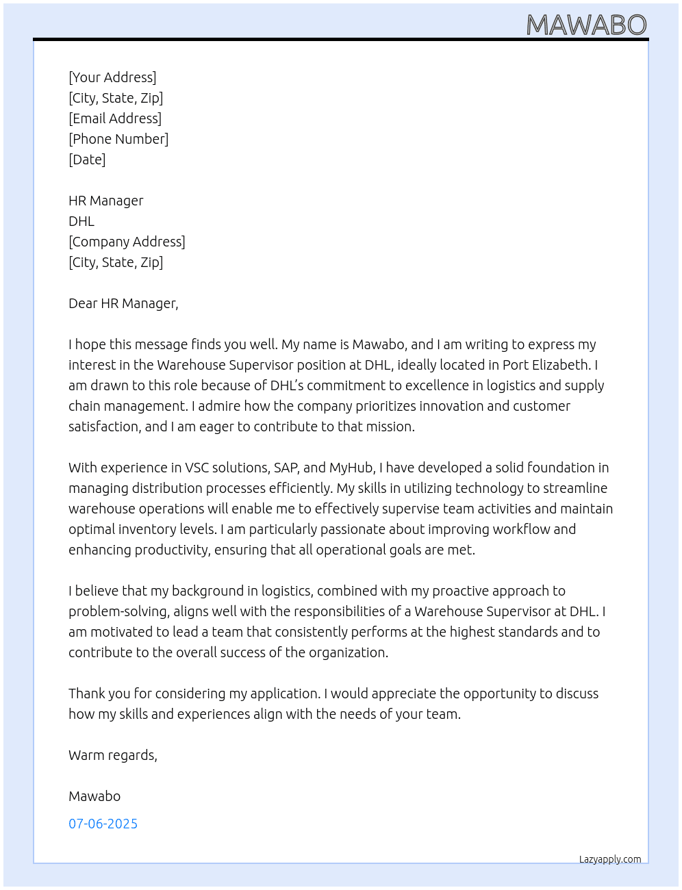 warehouse supervisor At DHL Cover Letter