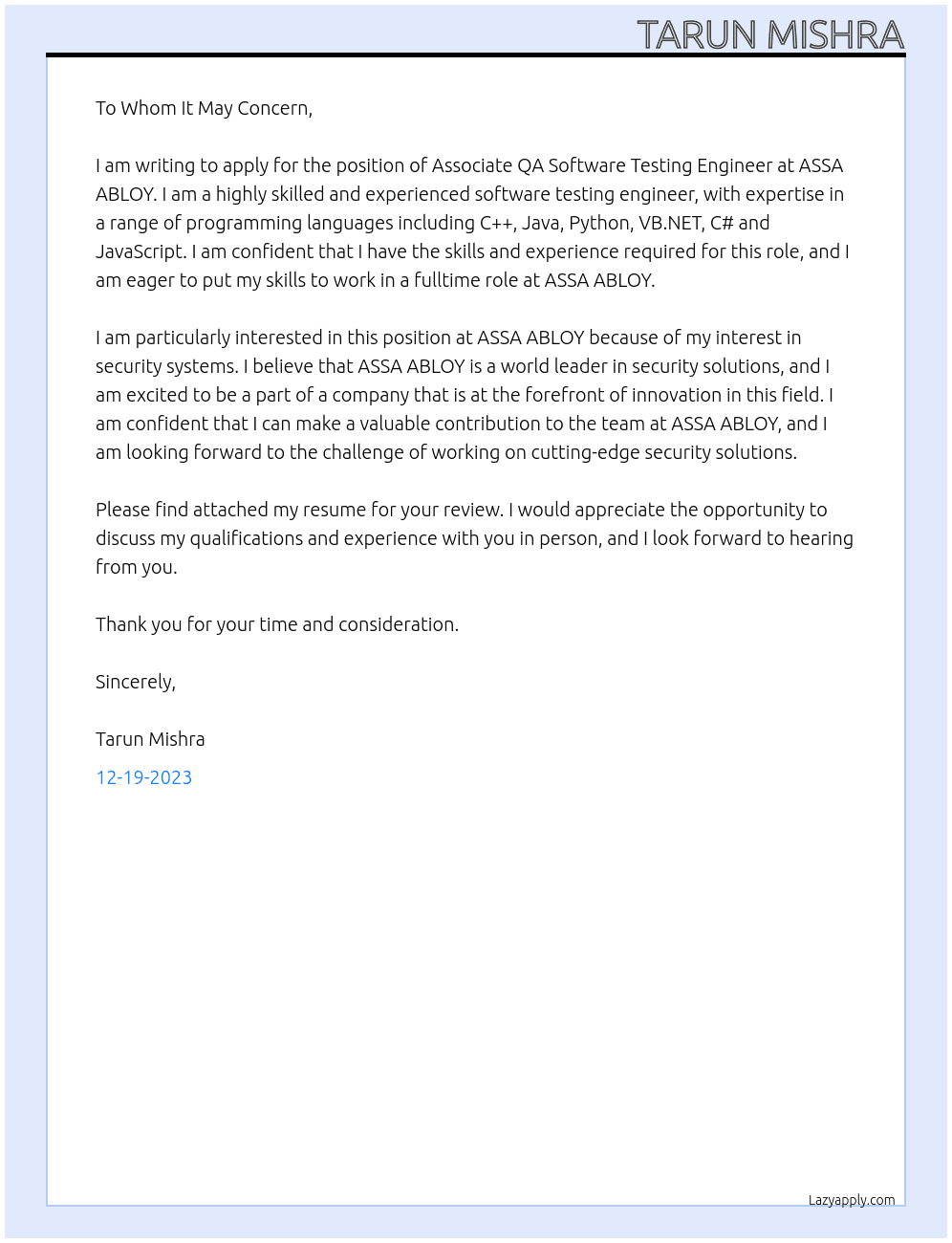 Associate QA Software Testing Engineer (25719) At ASSA ABLOY Cover Letter