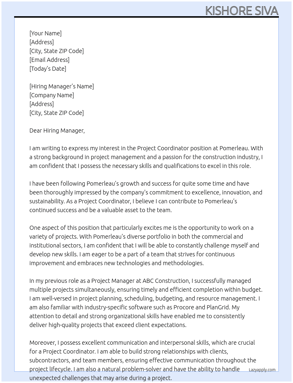 Project Coordinator At Pomerleau Cover Letter