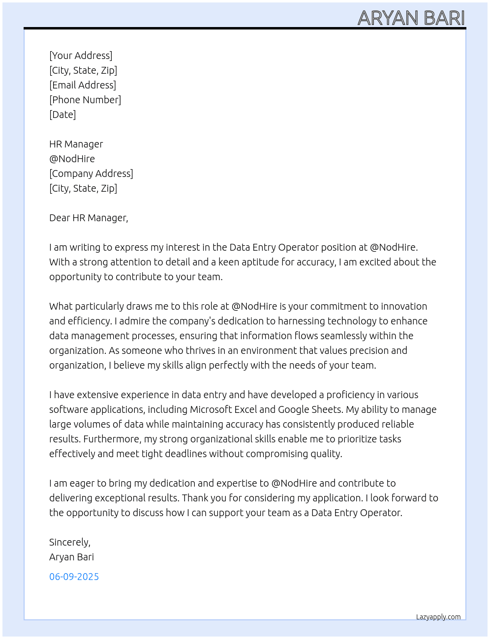 Data entry operator  At @NodHire Cover Letter