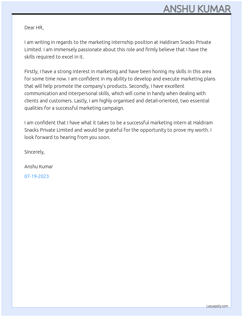 Marketing internship At Haldiram Snacks Private Limited Cover Letter